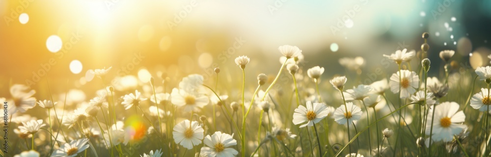 a sunny day with flowers and grass