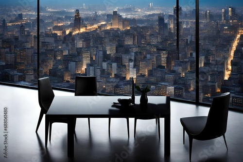 A sleek black chair and table set against a backdrop of a modern urban skyline.