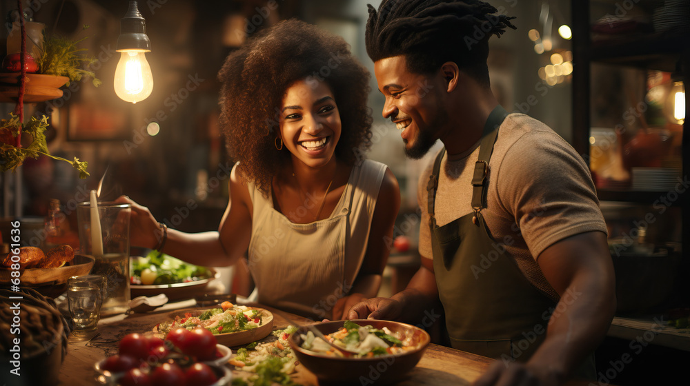 Joyful Cooking Together: Black Couple Preparing Dinner in Warm, Cozy Kitchen Joyful Cooking Together: Black Couple Preparing Dinner in Warm, Cozy Kitchen