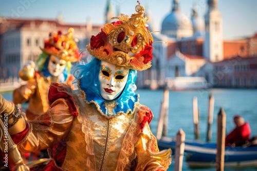 Venice during the Mardi Gras carnival. People pose on the gondola in carnival Venetian masks and golden ancient costumes. Masquerade © Olena
