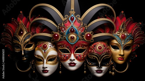 Background of chic Venetian carnival masks in red and gold colors, worn at the Mardi Gras festival in Venice, Italy. Masquerade background.