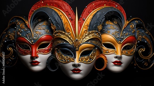 Three Venetian carnival masks on a dark background in honor of the Venetian carnival in Italy Mardi Gras. Masquerade costume.