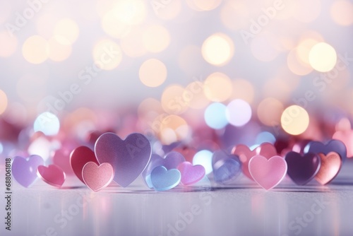 a white background with colorful heart shaped bokeh,