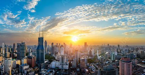 Aerial view of Shanghai skyline and modern buildings scenery at sunset in Shanghai, China. Panoramic view.