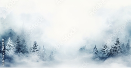 a white background with snowy trees and branches, © olegganko
