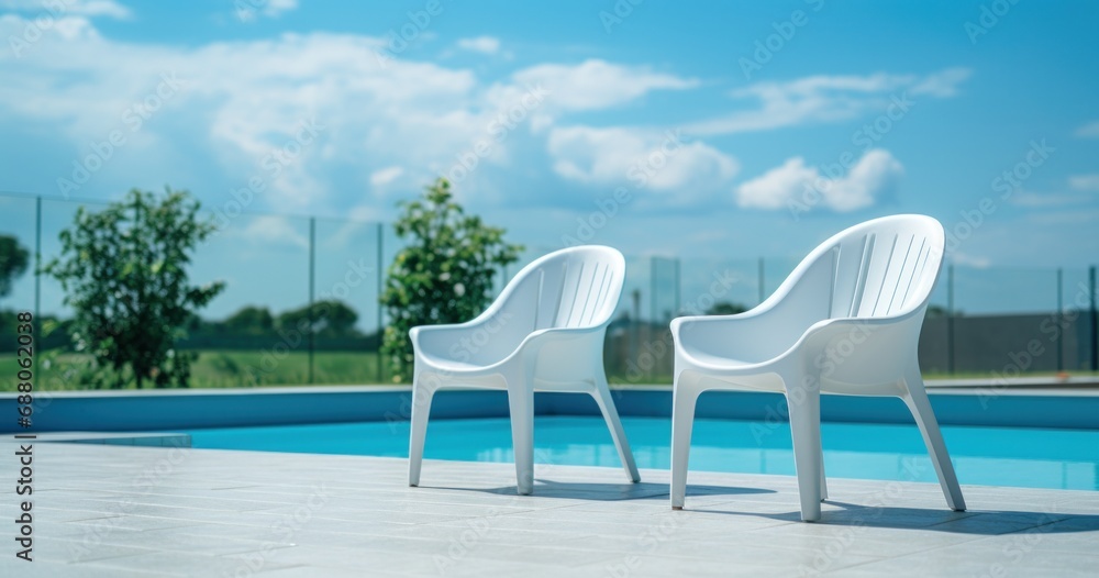 a white pool and some chairs outside with a blue sky,