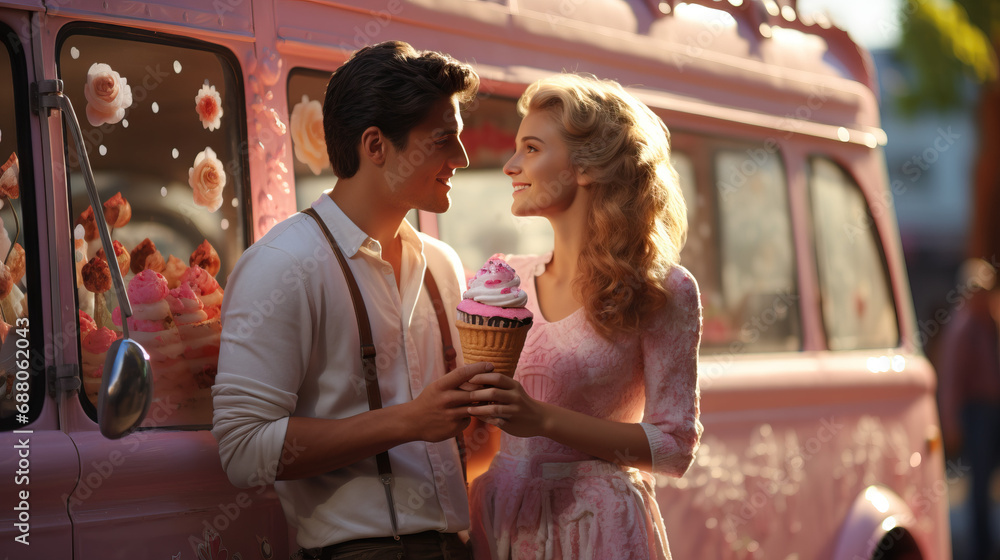 Sweet Romance: Couple Enjoying Love by the Ice Cream Truck