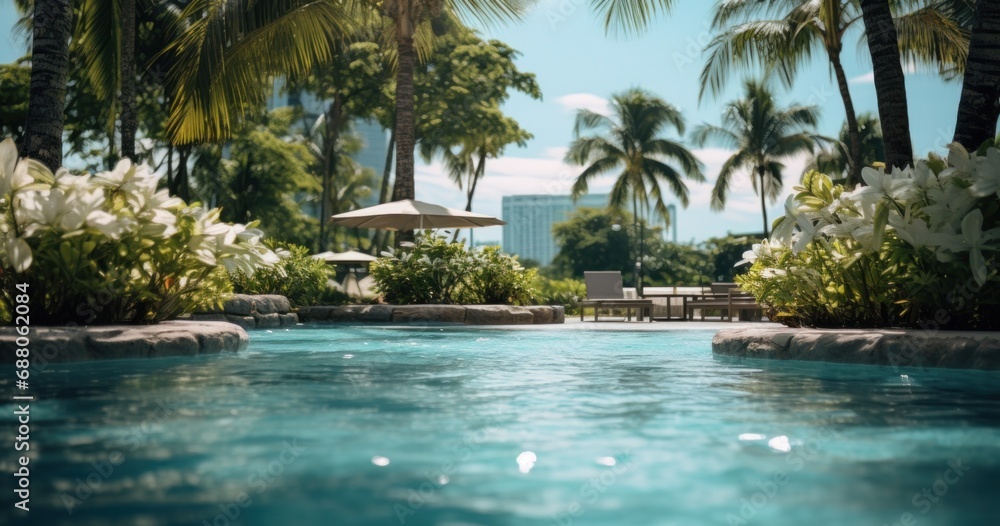 Fototapeta premium a white pool in the hotel view pool side landscape,