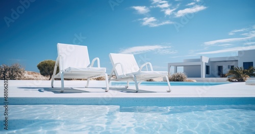 a white pool and some chairs outside with a blue sky, © olegganko