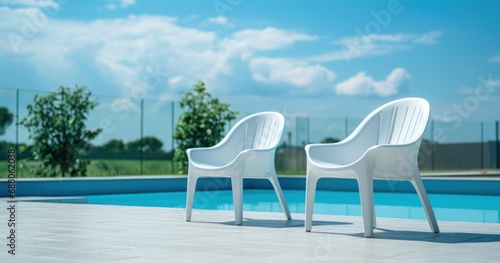 a white pool and some chairs outside with a blue sky 