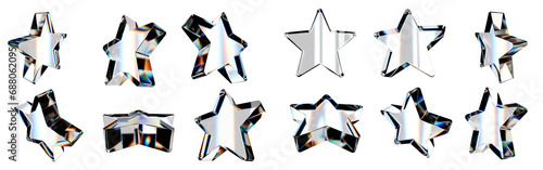 Set of 3d transparent glossy stars with dispersion effect. Rainbow colors reflection glass. 3d glass star box with crystal dispersion effect. Abstract empty glassy square with prism holographic