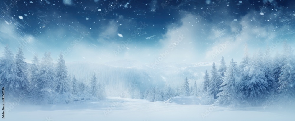 a winter landscape with blue mist falling on snow,
