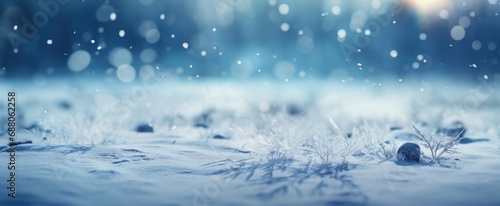 a winter landscape with blue mist falling on snow,