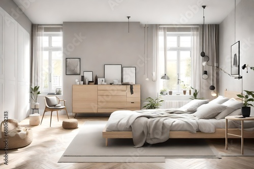 A Scandinavian-style bedroom with clean lines  a neutral color scheme  and minimalistic furniture for a simple yet sophisticated design.