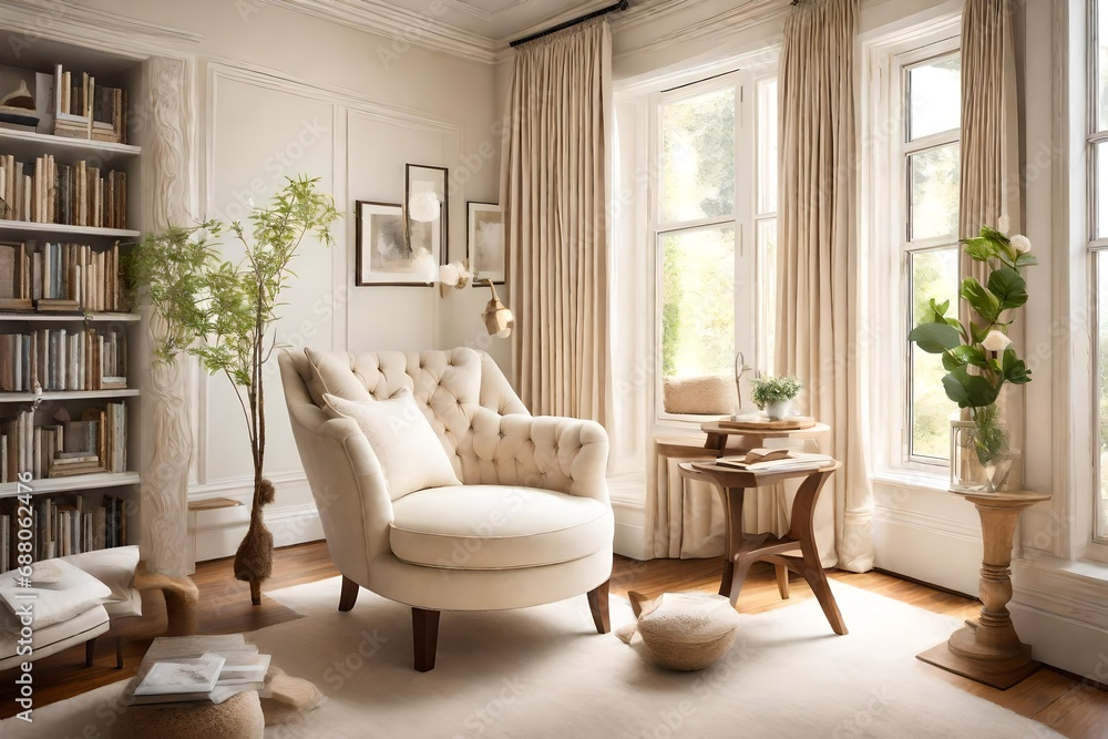 A tranquil cream-colored reading nook featuring a plush armchair bathed in natural light, providing a peaceful haven within a tastefully decorated living space. A tranquil cream-colored reading nook featuring a plush armchair bathed in natural light, providing a peaceful haven within a tastefully decorated living space.