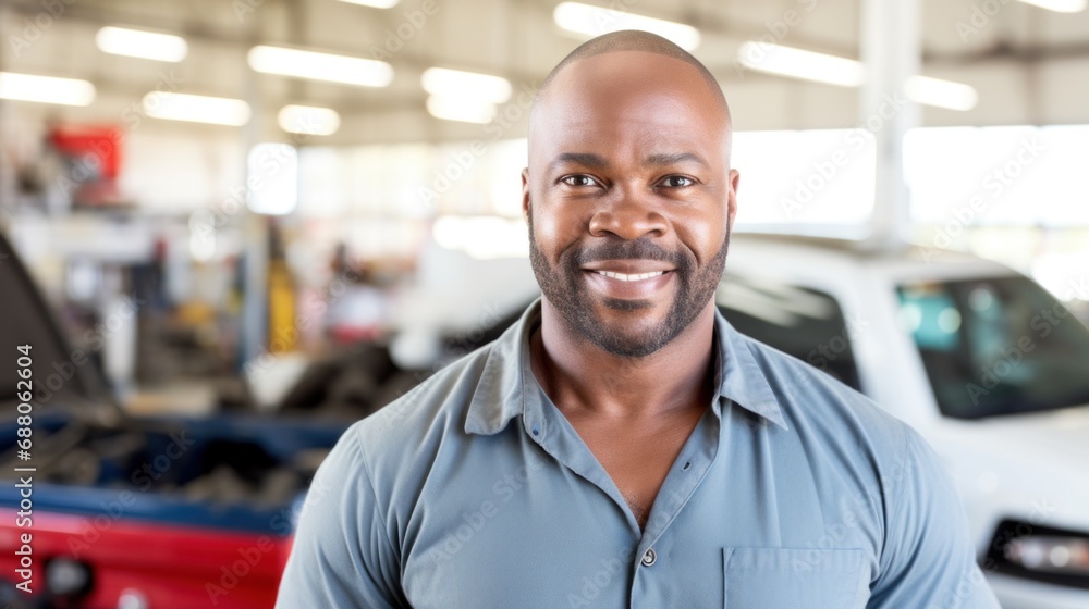 Obraz premium A cheerful adult man in automotive attire strikes a pose at the repair shop.