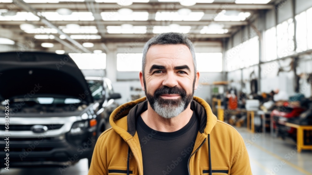 Joyful repairman poses confidently at the auto service center. Joyful repairman poses confidently at the auto service center.