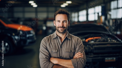 A cheerful adult male in work attire poses happily at the auto repair shop.