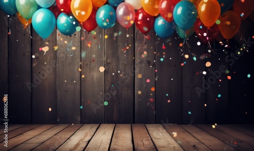 a wooden background in which colored confetti is tied to colorful balloons,