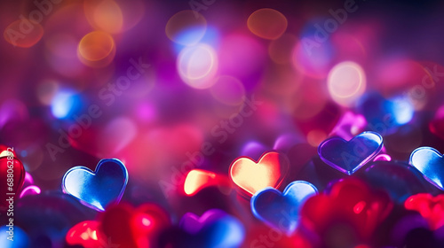 Heart bokeh, glitter heart shapes. Valentine's day, love background. 