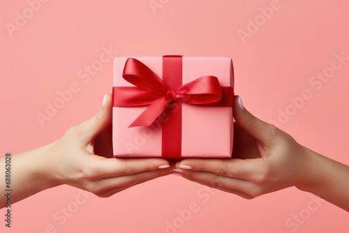 Woman ribbon gift box birthday surprise present celebration red christmas bow holiday hands background package © VICHIZH