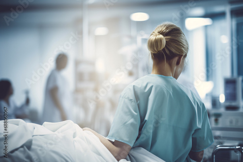 Back view of nurse in blue scrubs in hospital room