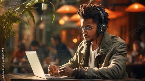 Black entrepreneur working on a laptop in a stylish outdoor office setup, blending work and the dynamic energy of an urban environment.