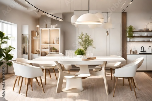 A modern dining area with a white dining table  cream-colored chairs  and pendant lighting creating a stylish and functional space.