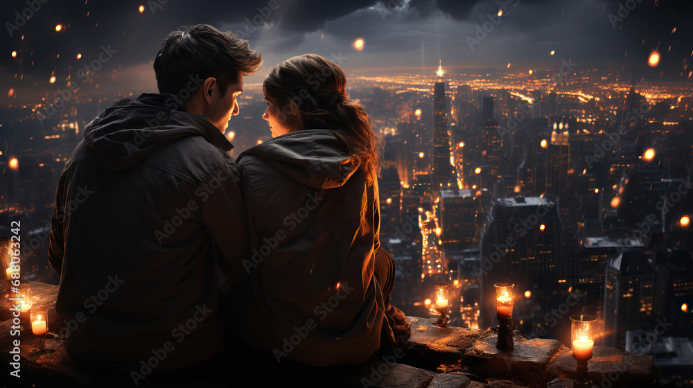 Couple stargazing on a city rooftop, surrounded by skyscrapers and the soft glow of city lights, capturing the urban romance Couple stargazing on a city rooftop, surrounded by skyscrapers and the soft glow of city lights, capturing the urban romance