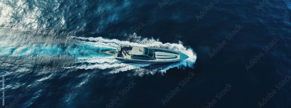 aerial footage of boat speeding across the ocean boat - obrazy, fototapety, plakaty 