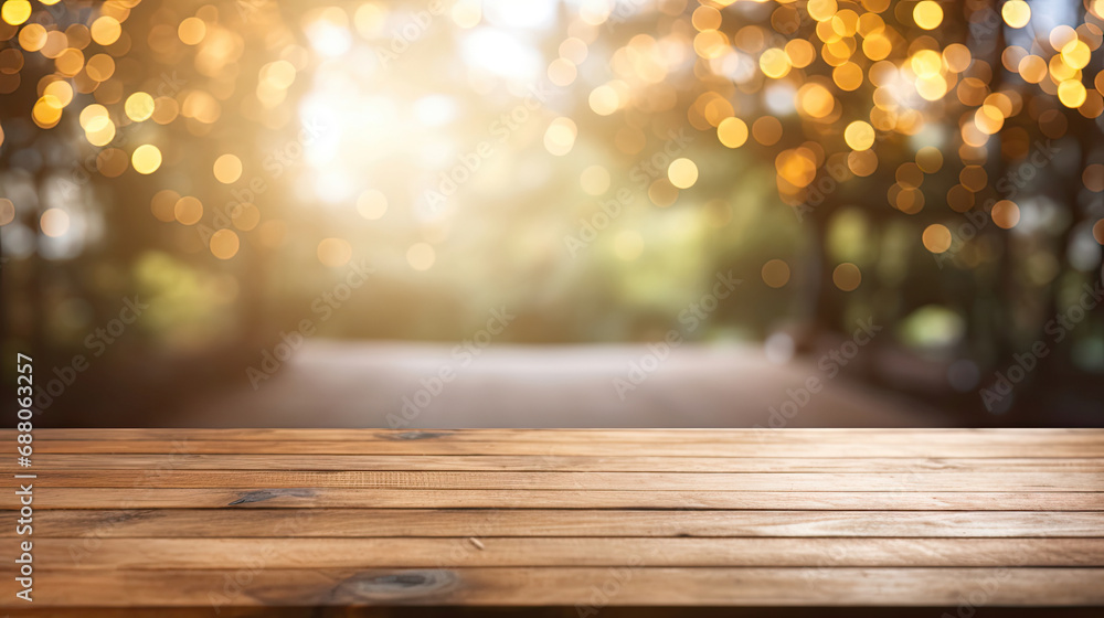 empty surface wooden table with beautiful blurred bokeh of golden sunlight and trees background empty surface wooden table with beautiful blurred bokeh of golden sunlight and trees background