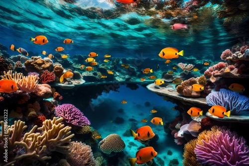 A breathtaking view of a vibrant, colorful coral reef teeming with marine life beneath crystal-clear waters.