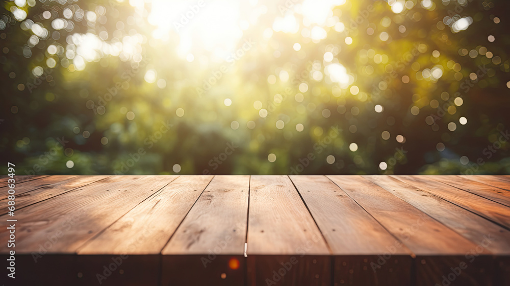 empty surface wooden table with beautiful blurred bokeh of golden sunlight and trees background empty surface wooden table with beautiful blurred bokeh of golden sunlight and trees background