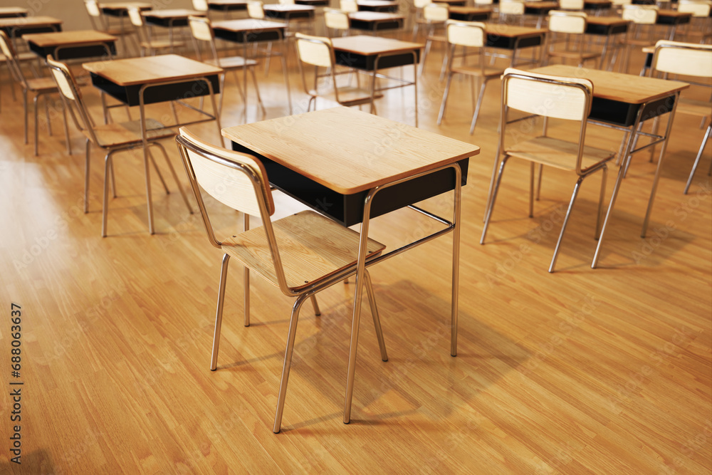 Spacious Classroom Interior with Rows of Wooden Desks and Chairs Spacious Classroom Interior with Rows of Wooden Desks and Chairs