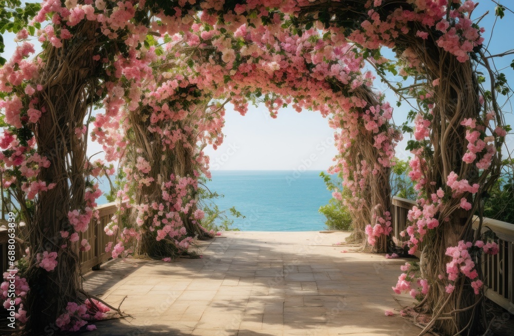 Obraz premium an archway with flowers and greenery leading to the beach,