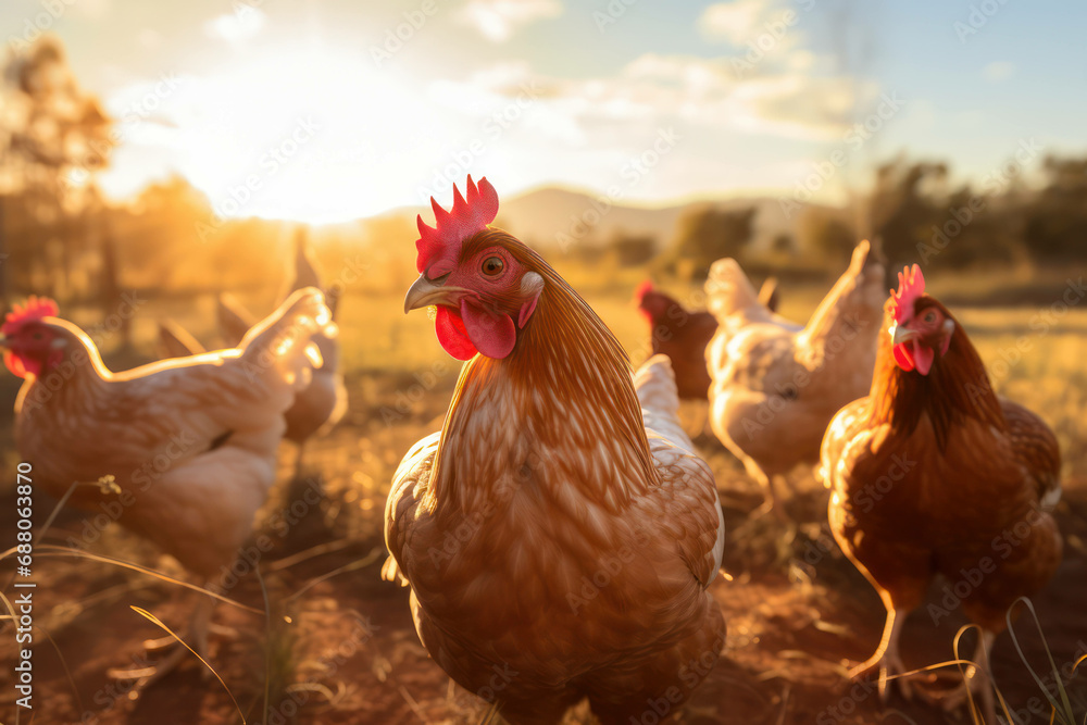 Fototapeta premium Rooster chick free hen standing outside domesticated horizontal live female