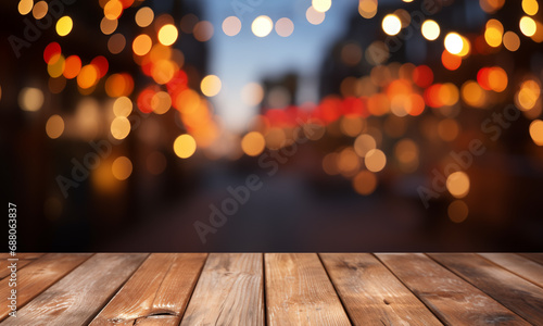 old Wooden board empty table in front of blurred bokeh natural background, brown wood, display products wood table