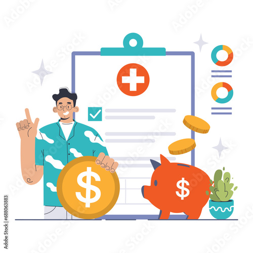 Healthcare deductible concept. A smiling doctor explains the importance of savings for medical expenses, alongside a piggy bank and cost charts. Flat vector illustration photo