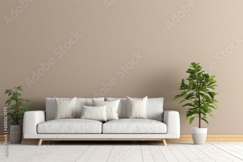 Modern Living Room with White Sofa and Green Plants