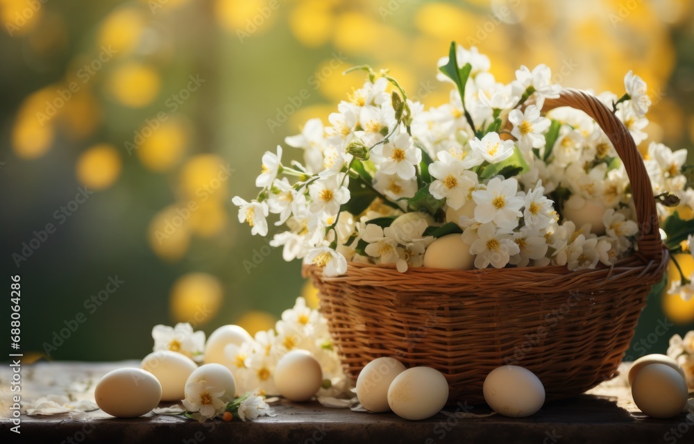 an easter basket filled with eggs and flowers,