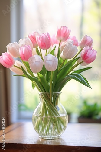 An arrangement of pink and white tulips in a glass vase on a wooden table © olegganko