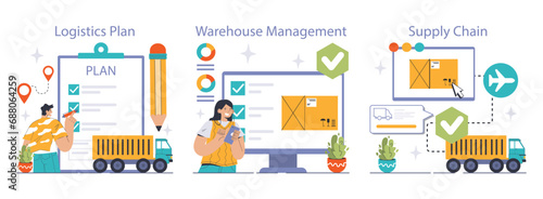 Logistics and Supply Chain Management set. Efficient planning, warehouse organization, and seamless supply chain operations. Integrated logistics network. Flat vector illustration
