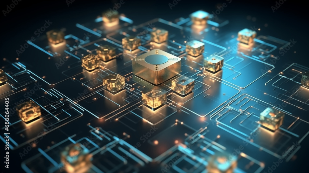 Quantum information processing concept. Quantum computing for powerful data elaboration. central processing unit, glowing 3d cpu. Superconducting qubits, net of photons particles. AI circuitry tech Quantum information processing concept. Quantum computing for powerful data elaboration. central processing unit, glowing 3d cpu. Superconducting qubits, net of photons particles. AI circuitry tech