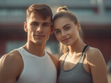 Portrait happy athletic couple looking at camera, sport, fitness, lifestyle concept