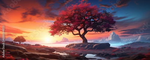 an image of a tree in a field with a colorful sunset,