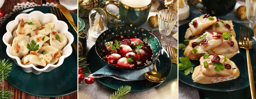 Banner with traditional Polish Christmas Eve supper dishes - obrazy, fototapety, plakaty 