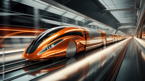 an orange and silver train speeding down the train tracks,