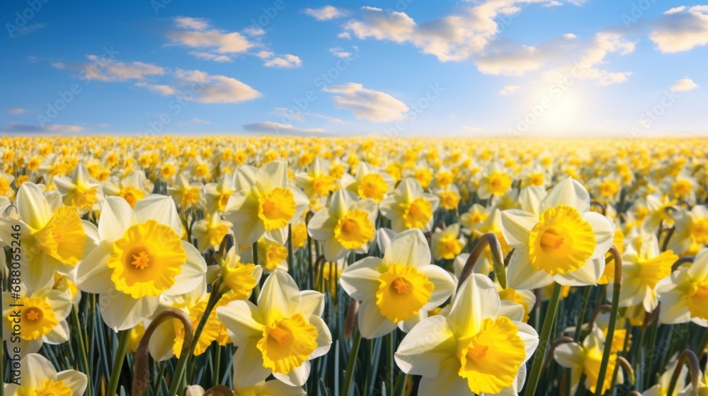 a field of daffodils in full bloom, their sunny yellow petals creating a cheerful and inviting floral landscape against a pure white backdrop.
