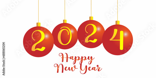 Happy New Year 2024. Red Christmas balls on white background
