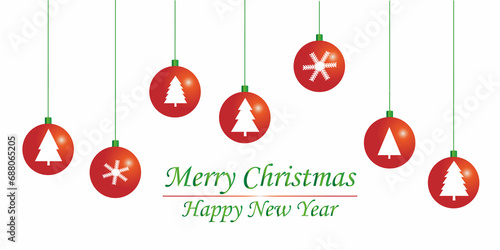 Merry Christmas. Happy New Year. Set of red Christmas balls on white background